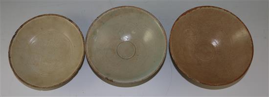 Three Qingbai (Ying qing) bowls, Song dynasty, 18 to 19cm, crazing and staining